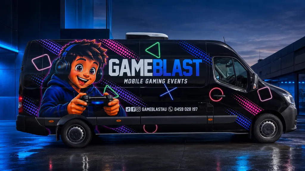 The GameBlast van parked at night, its black exterior wrapped in neon blue, purple and magenta graphics with the GameBlast logo and gamer artwork